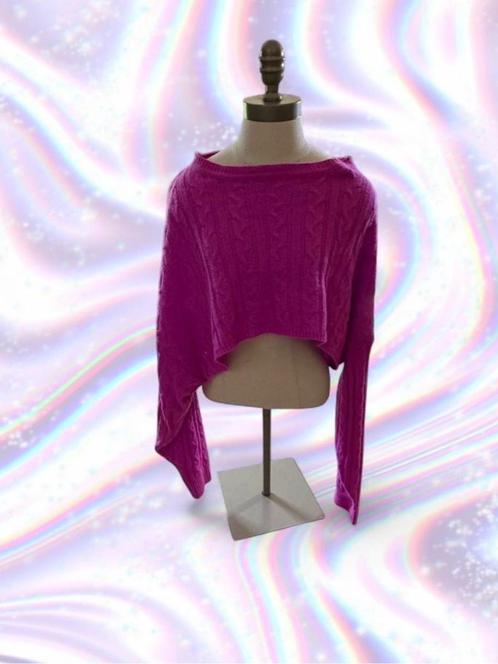 AKIRA Off-the-Shoulder Cropped Cable Knit Sweater in Magenta